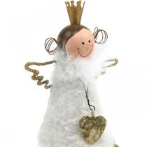 Artikel Engel-Figur sitzend aus Holz und Metall mit Federkleid und goldfarbener Krone, Weiss, H12cm