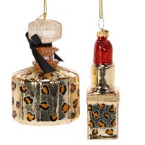 Artikel Christbaumschmuck Parfumflakon und Lippenstift Glas Leopardenmuster 11 cm Set 2-teilig
