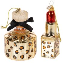 Artikel Christbaumschmuck Parfumflakon und Lippenstift Glas Leopardenmuster 11 cm Set 2-teilig