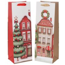 Artikel Geschenktasche für Flaschen Weihnachten Haus und Tannenbaum 36cm 2 Stück Papier