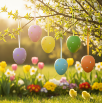 Artikel Ostereier zum Hängen aus Kunststoff 11×14,5 cm, 6 Stück, bunt, mit Blütenmotiv für Innen- und Aussendekoration