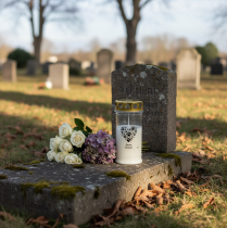 Artikel Grabkerze Hund Herz aus Pfoten Weiß Gold Ø7cm H16,5cm