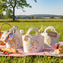 Artikel Filztasche mit Blumen- und Hasenmotiv 27cm, Weiss, Vierer-Set, für Ostern und Frühling