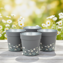 Artikel Blumentopf-Set aus Metall mit Blumenmotiv, 13 cm Durchmesser, Grau, 4-teilig, für Innen- und Aussenbereich