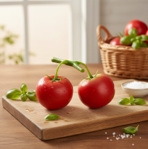 Artikel Künstliche Tomaten an Rispe aus Kunststoff, Ø6cm, L15cm, rot-grün, Dekoration für Küche und Schaufenster