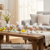 Artikel Dekoration Holzvögel mit Federn 10 cm in Rosa und Lila, Tischdekoration, 6er Set