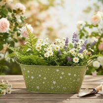 Artikel Metallschale oval Sterne und Griffe Grün 31×16cm H12,5cm