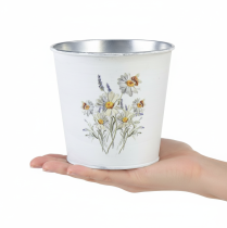 Artikel Blumentopf Metall Übertopf Weiss 12,5cm Ø mit Margeritenmotiv für Innen- und Aussendekoration