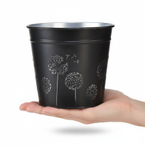 Artikel Blumentopf Metall Schwarz Silber Ø12,5cm H11,5cm mit Pusteblumen-Motiv