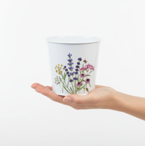 Artikel Pflanztopf Metall Weiss mit Wildkräutermotiv Ø15cm H14cm für Innen- und Aussendekoration