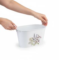 Artikel Blumenschale aus Metall mit Griffen 27×16×15,5cm, Weiss mit Wildblumen-Prägung