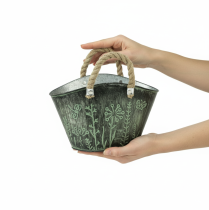 Artikel Blumentopf Metall mit Jutegriff 19×13,5×13,5 cm Grün Grau für Innen & Aussen