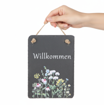 Artikel Willkommensschild Schieferplatte mit Blumenmotiv 20x15cm 2er Set