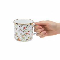 Artikel Pflanztasse aus Emaille Ø11cm mit Blumen- und Vogelmotiven, Metallbecher zum Bepflanzen