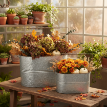 Artikel Pflanzschalen-Set aus Metall mit Henkeln, 2 Grössen, Silber und Braun, H22/20cm L42/40cm, für Innen- und Aussenbereich
