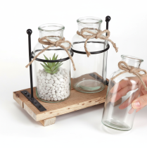 Artikel Flaschenvase Glas mit Holzsockel und Metallhalterung 23x12x19,5cm 2 Stück