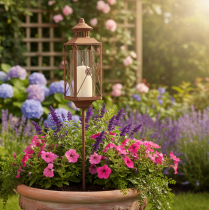 Artikel Gartenlaterne aus Metall mit Glaszylinder in Rost-Optik, 12x12x135cm