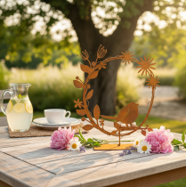 Artikel Teelichthalter Metall Rost Optik mit Vogel und Blumenmotiv 24×27×6cm