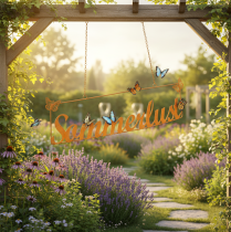 Artikel Gartendeko-Hänger aus Metall „Sommerlust“ mit Schmetterlingen, Edelrost, 54,5 x 14 cm