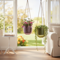 Artikel Hängender Glas-Blumentopf oder Windlicht, 14 cm, Lila und Grün, 2 Stück