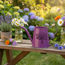 Artikel Deko-Giesskanne aus Metall Lila mit Pusteblumen-Motiv H12cm 2 Stück