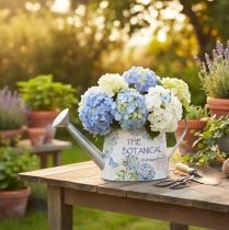 Artikel Deko Giesskanne Metall Hortensien Blumen Motiv 30x11x14,5cm für Innenbereich