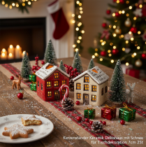 Artikel Kerzenständer aus Keramik im 2er-Set, Hausform, 7 cm, Rot und Beige mit Schnee