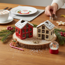 Artikel Kerzenständer aus Keramik im 2er-Set, Hausform, 7 cm, Rot und Beige mit Schnee
