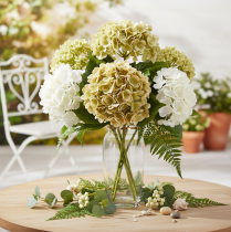 Artikel Künstliche Hortensie aus Seidenstoff mit Stiel und Blättern 60 cm creme-grün