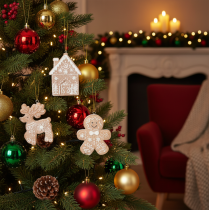 Artikel Weihnachtsanhänger 4er-Set aus Kunststoff 7 cm in Honigkuchen-Optik