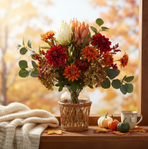 Artikel Künstliche Protea Leucadendron 65 cm Creme, Gelb und Orange 3 Stück
