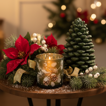 Artikel Glas-Windlicht 8 cm mit Tannenzweig-Motiv und goldener Innenseite, 2er-Set