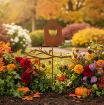 Artikel Gartenstecker aus Metall mit Rostoptik 100 cm Vogelhaus Herz Zweig