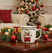 Artikel Becher Keramik 9 cm Weiss mit Weihnachtsmotiv Auto und Geschenken
