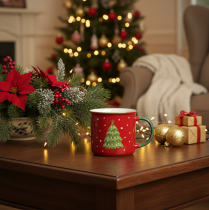Artikel Keramiktasse 9cm Rot mit Tannenbaum-Motiv für heisse Getränke