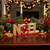 Artikel Schriftzug Noel aus Holz mit roter Schleife 18 cm für Innenbereich