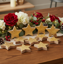 Artikel Deko-Sterne Holz goldfarben Ø 5 cm 9er Set für Tischdekoration