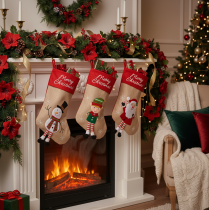 Artikel Weihnachtsstrumpf-Set aus Stoff, 50 cm, Rot-Beige, 3 Motive: Weihnachtsmann, Wichtel, Schneemann