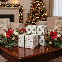 Artikel Dekostoff Weihnachten Meterware 35x120cm 2 Rollen mit Tannenbäumen und Schleifen
