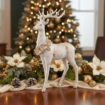 Artikel Dekofigur Hirsch aus Kunstharz mit Zapfenschmuck 49 cm Weiss-Grau