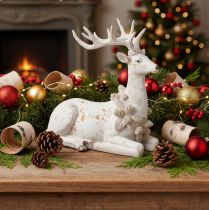 Artikel Dekofigur Hirsch sitzend mit Geweih 30 cm Polyresin Weiss
