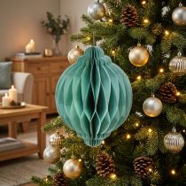 Artikel Weihnachtskugel aus Papier Türkis Zwiebel-Form Ø15cm H20cm FSC