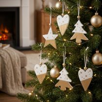 Artikel Weihnachtsdeko Anhänger Holz 6er Set Weiss Gold Stern Baum Herz 6,5-7cm