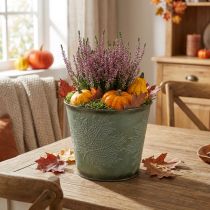 Artikel Pflanztopf Metall Grün Ø18,5 cm H17 cm mit Ahornblatt-Prägung für Herbstdekoration