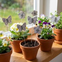 Artikel Blumenstecker Holz Schmetterling und Blume, 29 cm, Weiss Lila Grau, 12 Stück