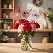 Artikel Blumenstecker aus Holz Herzmotiv Love 8×7,5cm 12 Stück, sortierte Farben