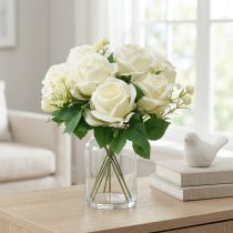 Artikel Künstliche Rosen aus Seidenstoff, Weiss, 42 cm, Kunstblumenstrauss mit 8 Blüten
