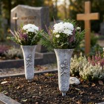 Artikel Grabvase Grau Vase zum Stecken mit Rosen Motiv H26cm 2St