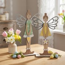 Artikel Deko-Elfen aus Holz und Metall, Frühlingsdeko, Höhe 34 cm, Grün und Gelb, 2er-Set