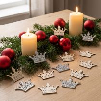 Artikel Streudeko Krone aus Holz mit Glitter, 4 cm, 72 Stück, Natur, Weiss, Golden